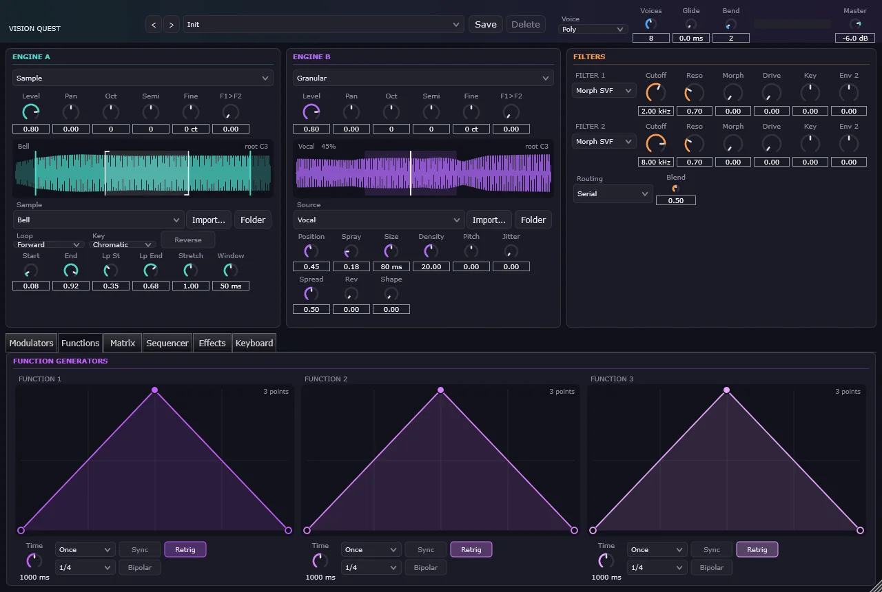 Vision Quest's editor on the Functions tab, showing three function generator shapes.