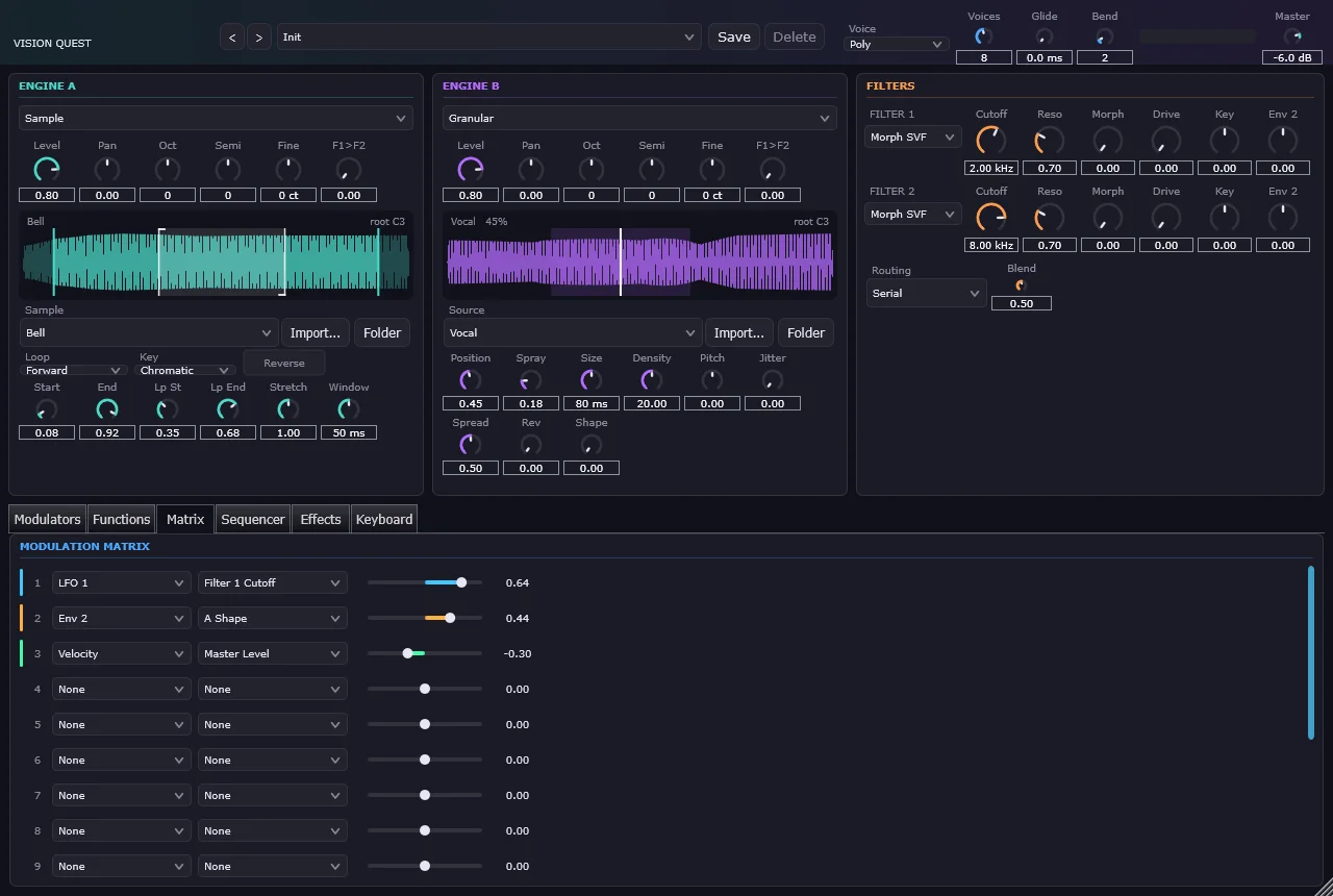 Vision Quest's editor on the Matrix tab, with a sample engine, a granular engine, two filters, and three modulation routings.